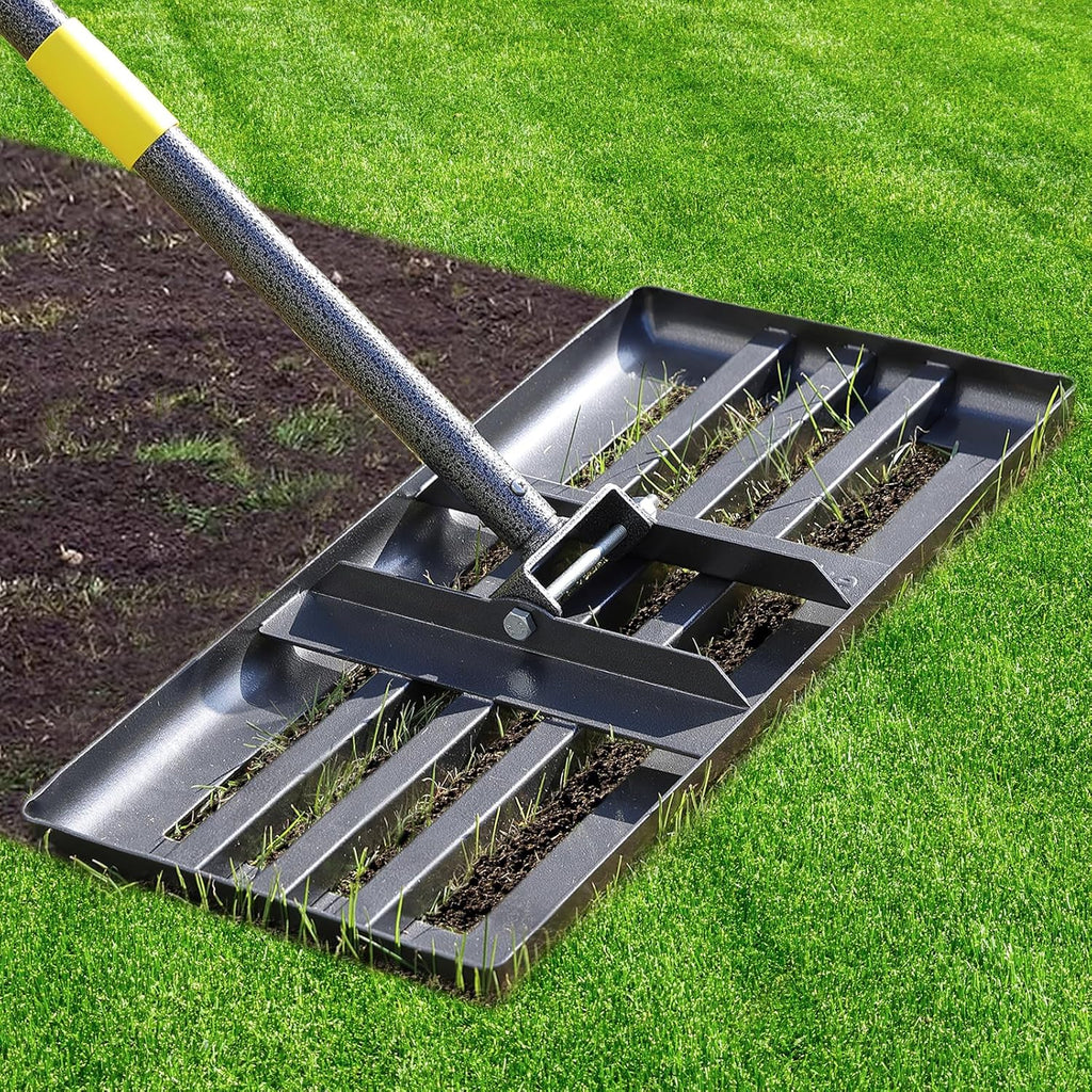 Lawn Leveling Rake - Heavy Duty 17"x10" Stainless Steel Lawn Leveler | Adjustable 28-72" Handle, Reinforced Welds & Smooth Edge for Soil, Dirt,Ground,Yard Top Dressing,Landscaping