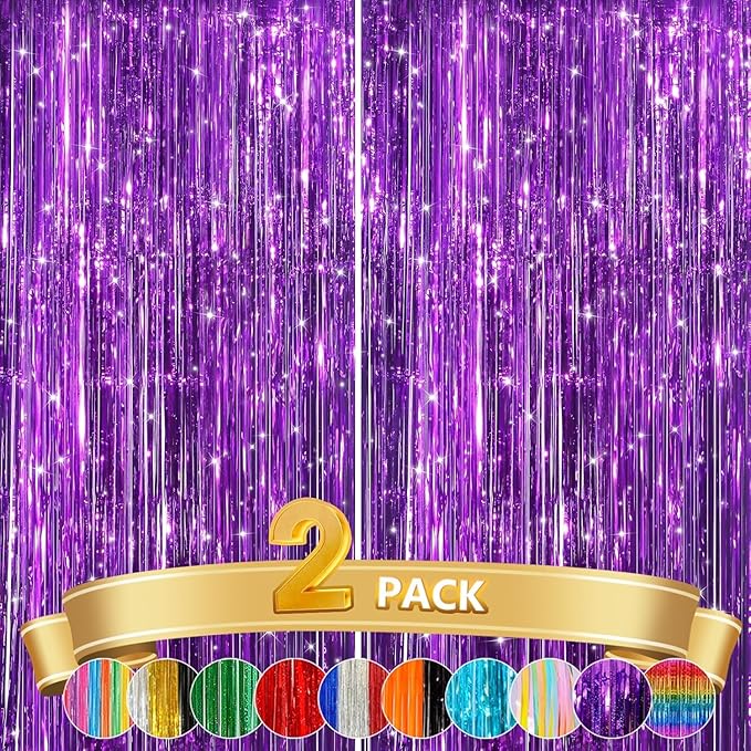 GCB 2Pack Purple Metallic Tinsel Foil Fringe Curtains, Door Streamers Photo Booth Backdrop for Birthday Party Wedding, Purple Curtain Backdrop for Baby Shower Bachelorette Christmas Party Decorations