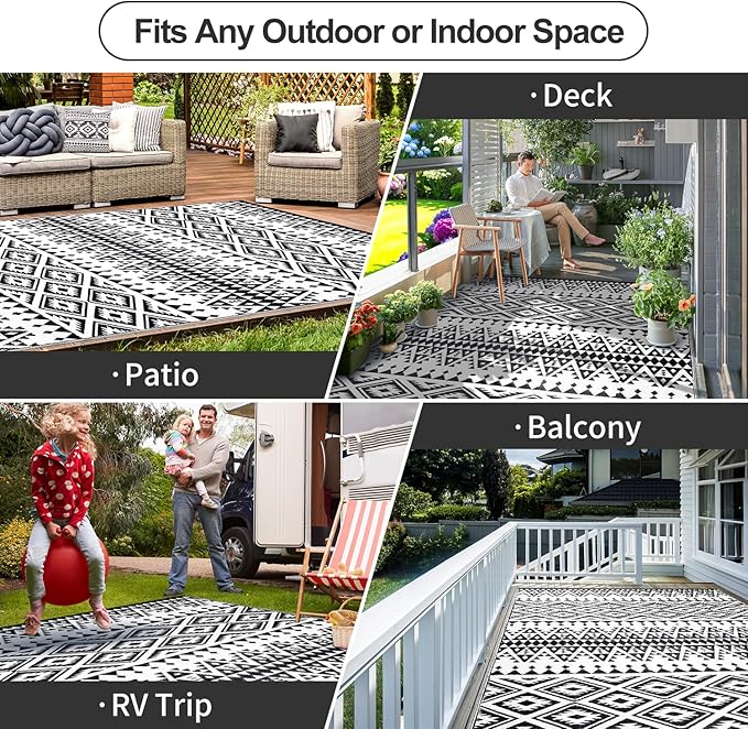 Waterproof Outdoor Rug 8x10ft, Bohemia Reversible Plastic Straw Mat for Patio RV Deck Porch Backyard Balcony Camping Picnic Beach Indoor Outdoor Carpet, Black&White