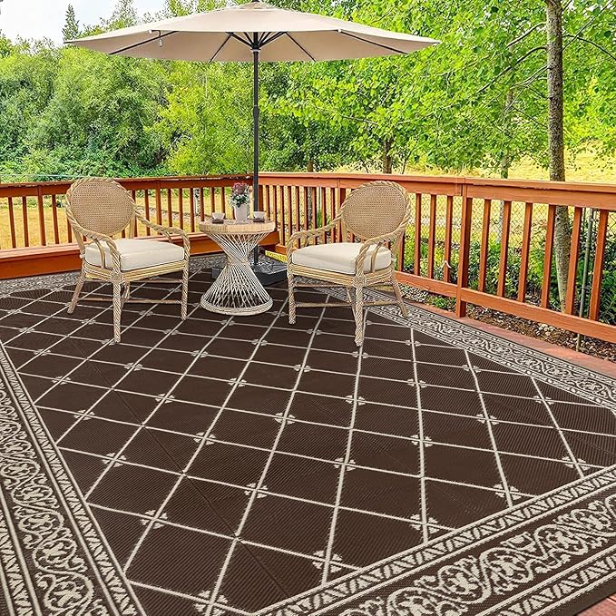 HiiARug 8x10 Outdoor Rug Outdoor Patio Rug, Reversible Waterproof Plastic Straw Rug Large Outdoor Rugs (8x10Ft, Brown)