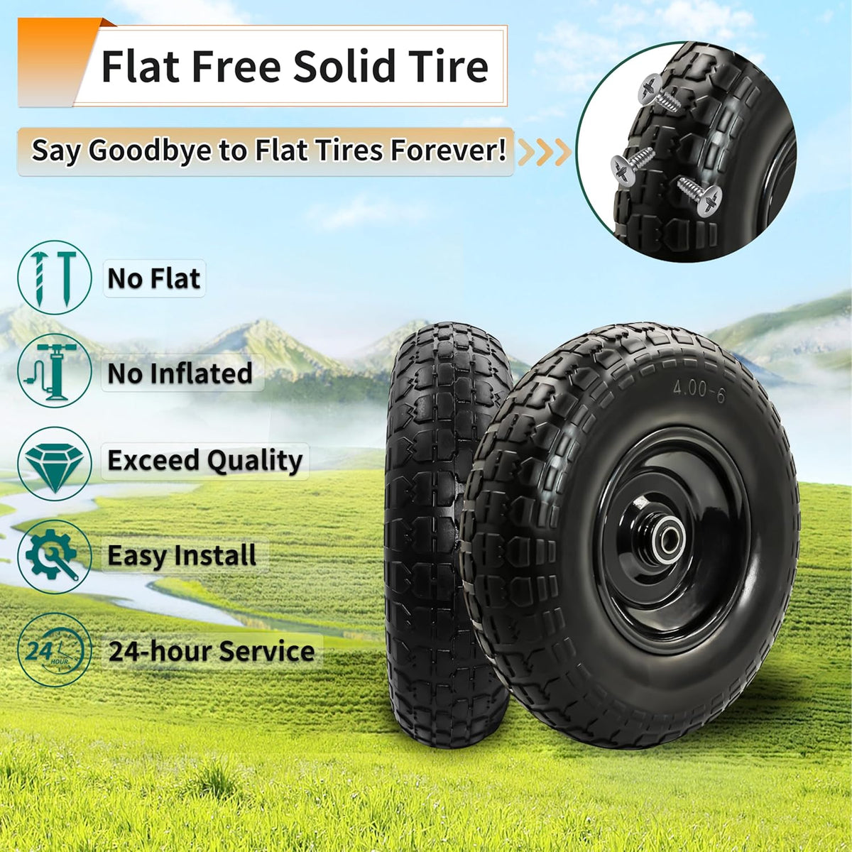 4PC 4.00-6 Flat-Free Tires and Wheels,13" Rubber Solid Tire, with 5/8" & 3/4" Bearing, 1.8"-5.8" Centered Hub Length, 4.00-6 tire and wheel Fit for Gorilla Cart, Garden Cart/Hand Truck/Wheelbarrow etc