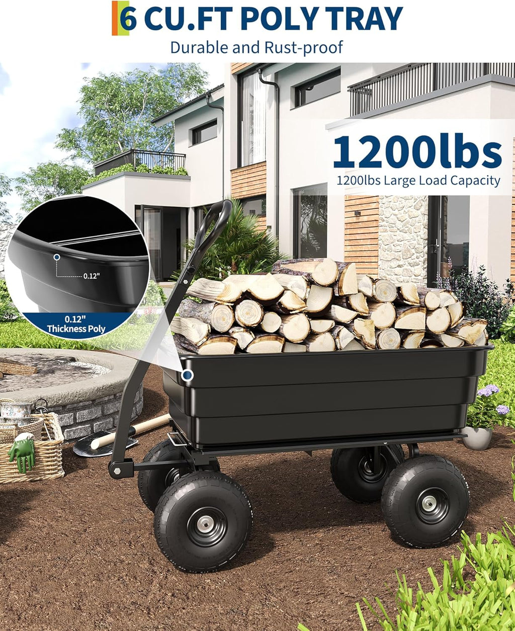 GarveeLife Poly Dump Cart - Heavy Duty 1200lbs Garden Cart with Quick-Release Dumping 13" Tires, Utility Wagon for Yard Work, Landscaping, Gardening