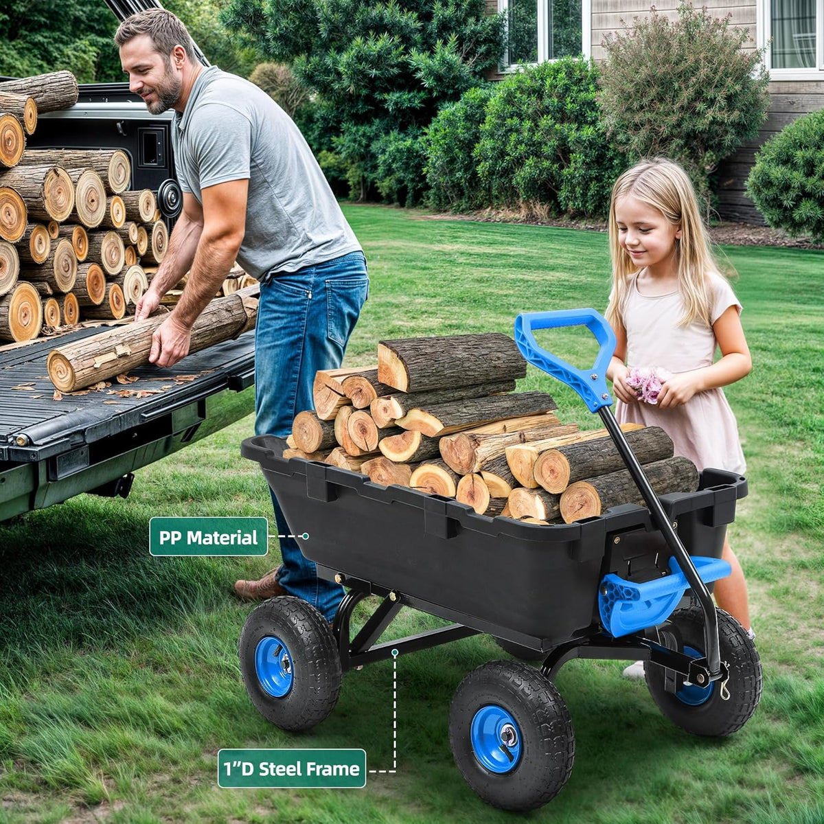 800lb Garden Dump Cart, Heavy Duty Wheelbarrow Dump Wagon with 4 Wheels&Quick-Release Dumping, Utility Wagon Carts for Yard, Farm and Garden(Blue)
