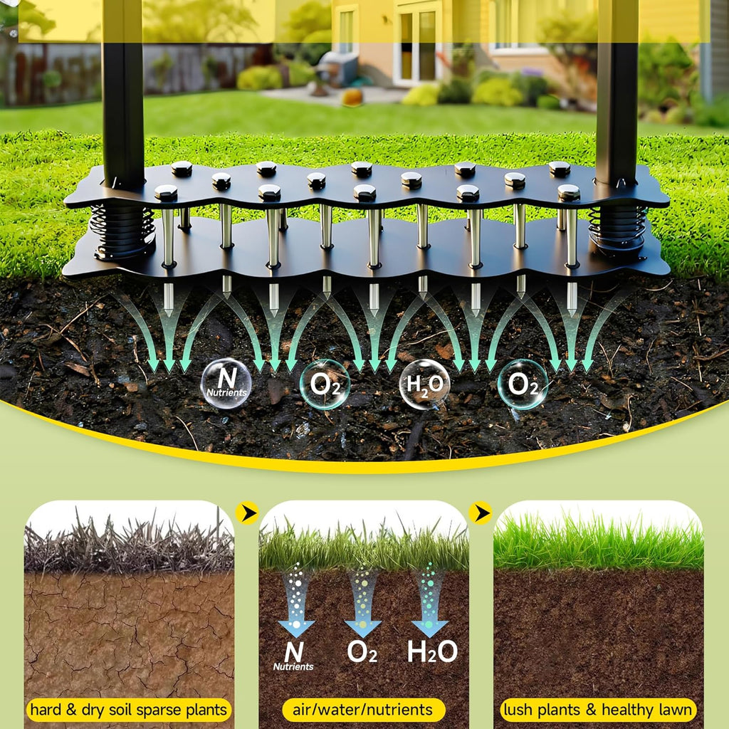 Upgraded Lawn Aerator Tool with 14 Steel Spikes, Hand Grass Aerator Spike Tool Manual Lawn Aerators with Spring-Loaded Design&Automatic Leaf and Dirt Cleaning for Yard, Garden Black