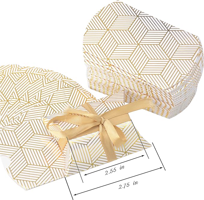 Aokbean 100 Pack Mini Pillow Candy Box Small Gift Boxes with 50 Yards Ribbon for Christmas Wedding Party Favor Gift, Jewelry or Soap Packaging (Gold Stripes)
