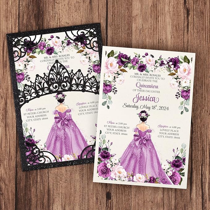 50Pcs Blank Pearlized Black Crown Invitations for Quinceanera, 15 year, Sweet 16, Miss XV, Birthday Laser Cut Quince Invitation Cards