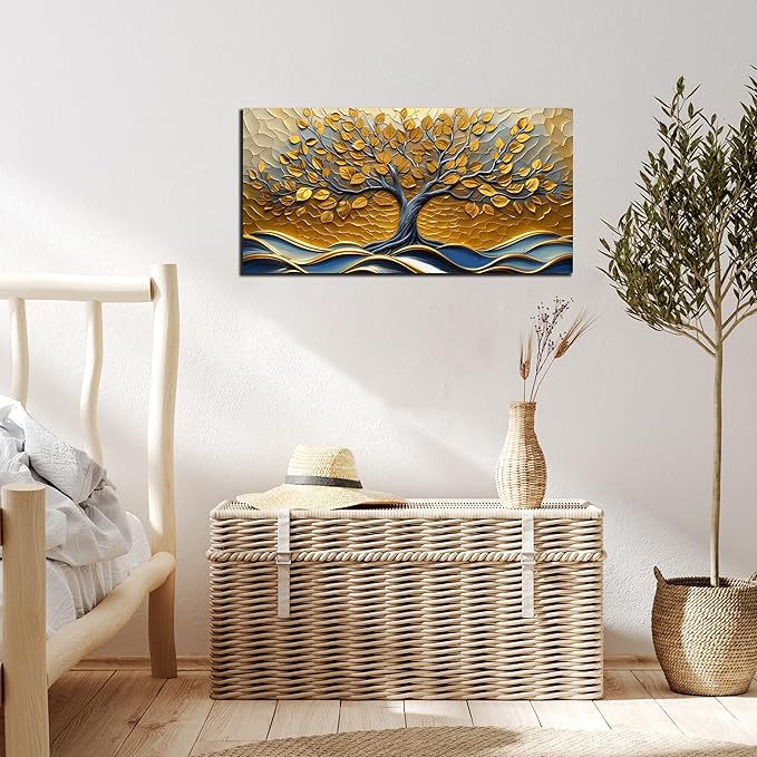 CANEITO Tree Wall Art for Living Room, Gold Wall-Decor for Bedroom, Modern Landscape Poster Canvas Print, Size 40x20 Inches
