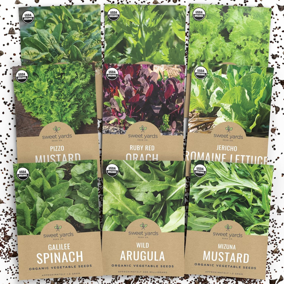 Organic Heat Tolerant Lettuce Seeds Variety Pack - 9 Individual Packs - 2025 Season - Galilee Spinach, Wild Arugula, Romaine Lettuce & More! for Indoor & Outdoor Planting (Non-GMO, Certified Organic)