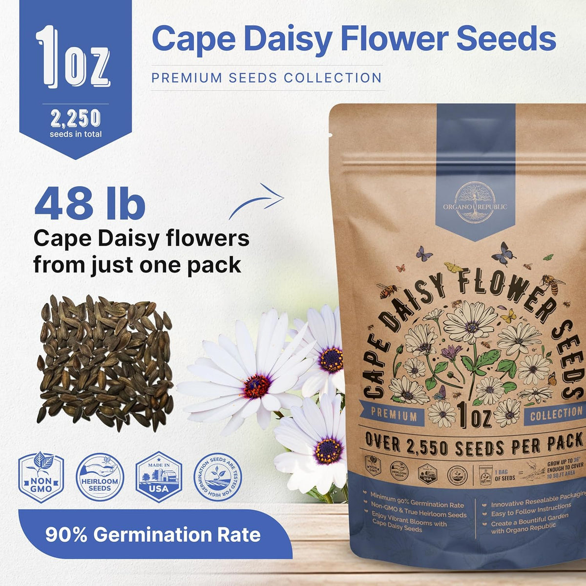 Cape Daisy Flower Seeds Pack 1 oz - Over 2,550 Non-GMO Heirloom Cape Daisy Seeds for Planting, Perennial Flowers in Individual Seed Packet, Seed for Planting Home Garden Indoor & Outdoor Gardening