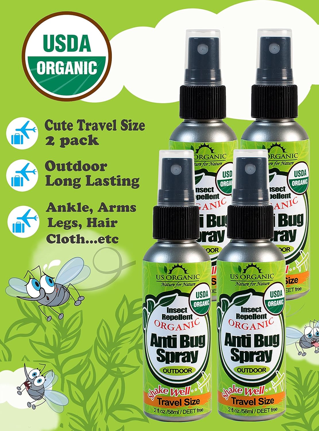 US Organic Mosquito Repellent Anti Bug Outdoor Pump Sprays, USDA Certification, Cruelty Free, Proven Results by Lab Testing, Deet-Free (2 oz - Extra Value 4 Pack)