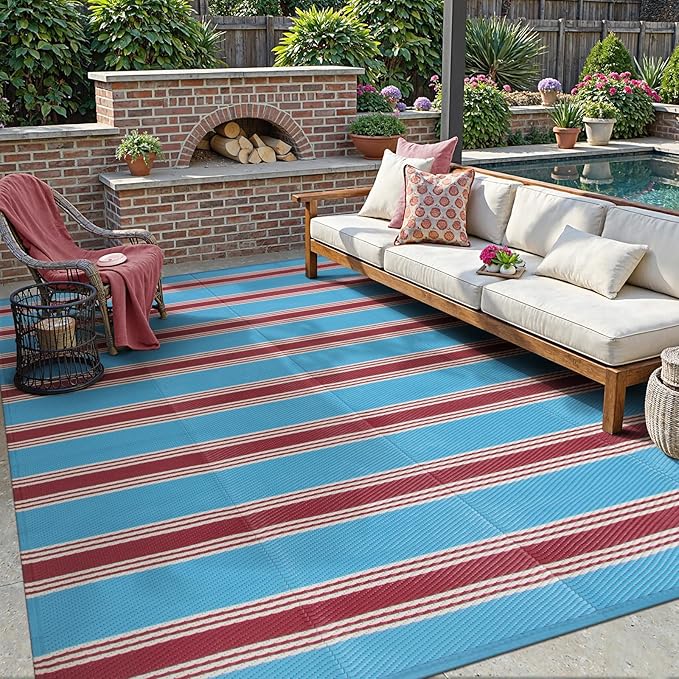 Lahome Striped Outdoor Rug 8x10 Patio Waterproof, Reversible Outdoor Plastic Straw Rug for Camping, RV Patio Rugs Outside Large Carpet for Porch Deck Backyard Picnic(Blue/Red,8'x 10')