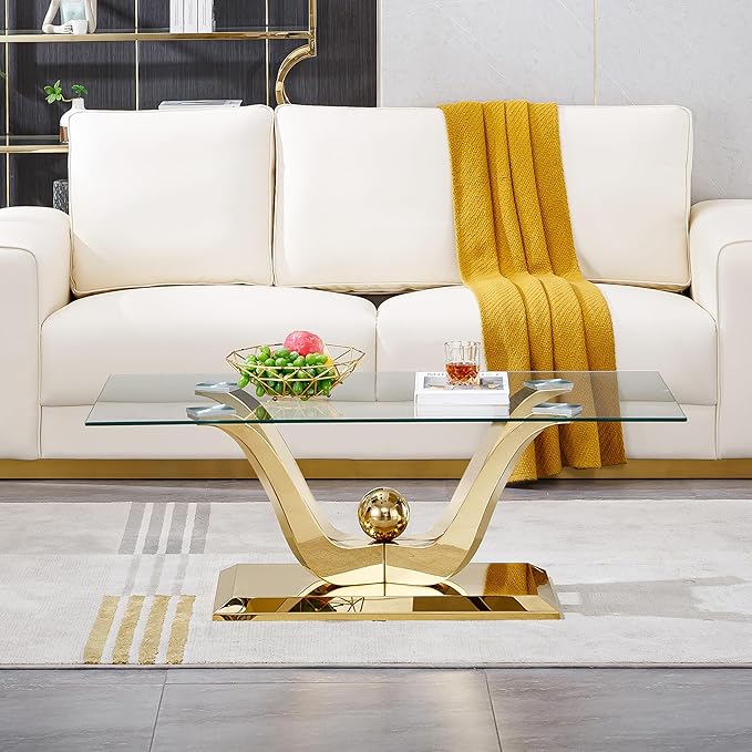 HomVent Modern Glass Coffee Table, with Stainless Steel, Living Room Table for Living Room Bedroom
