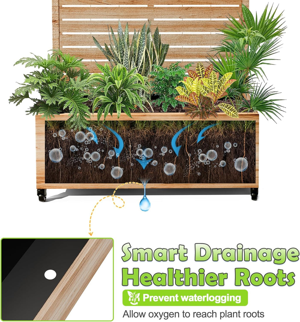 15.7"×70.9"×35.4" Metal Raised Garden Bed with Trellis and Wheels - Tall Trellis Planter Box for Climbing Plants, Vegetables & Vines - Outdoor Privacy Planters for Patio (Acacia Wood Grain-Louvered)