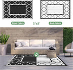 GENIMO 5' x 8' Outdoor Rug Waterproof for Patio Decor, Foldable Reversible Plastic Straw Area Rugs Mat for Camper, Outside Carpet for Rv, Deck, Porch, Picnic, Beach, Balcony, Black & White
