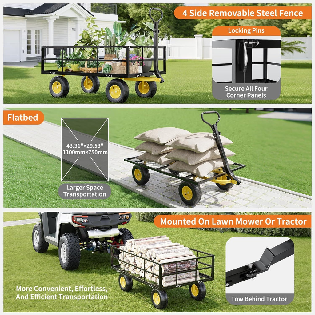 Metal Wagon - 1200lbs Garden Cart with 10" Multi-Terrain Tires, 4 Removable Mesh Sides & 180° Swivel Handle, Yard Wagon Cart for Lawn, Yard, Patio Gardening