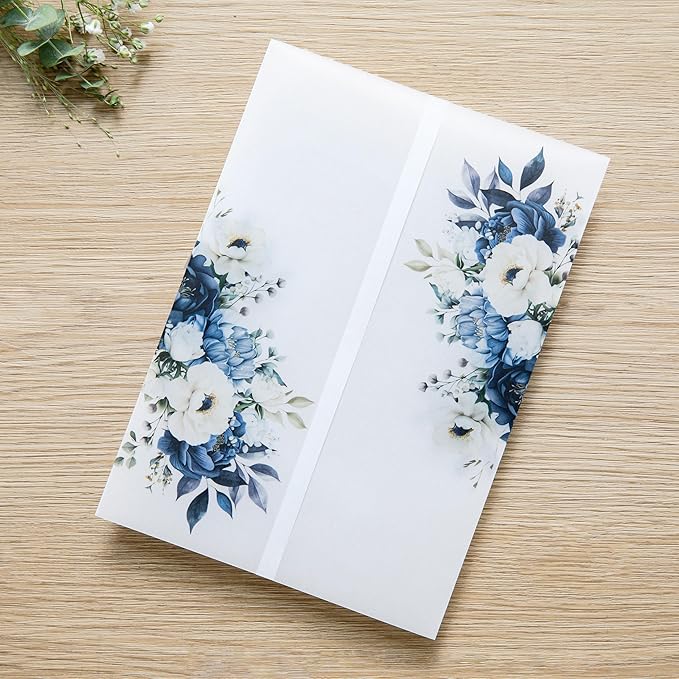 PONATIA 50PCS Vellum Jackets for 5x7 Invitation Cards- 135GSM Dusty Blue Flowers Vellum Sleeves, Wedding Invitations Wraps - Transparent Christmas Gift Cards Jackets