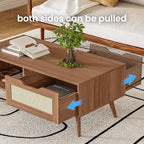 Brown Rattan Coffee Table, Mid Century Modern with Drawer & Shelf, 39'' Wooden Boho Coffee Table for Living Room