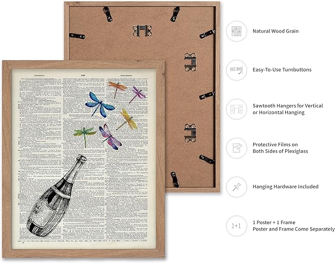 Poster Master Dictionary Art Poster - Champagne Bottle Print - Dragonfly Art - Alcohol Art - Gift for Men, Women & Bartender - Great Decor for Bar, Kitchen or Restaurant, 8x10 Beige Framed