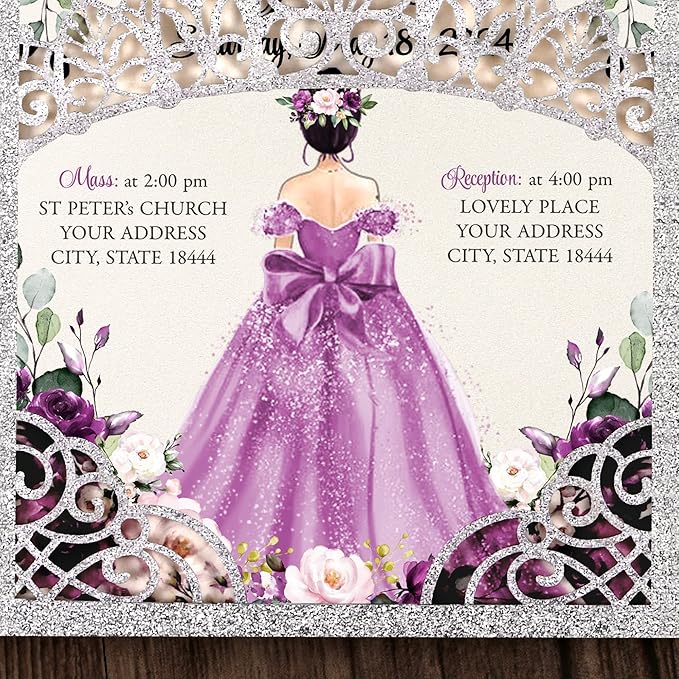 50Pcs Purple Crown Invitations for Quinceanera, 15 year, Sweet 16, Miss XV, Birthday Laser Cut Quince Invitation Cards Personalized Glitter Silver