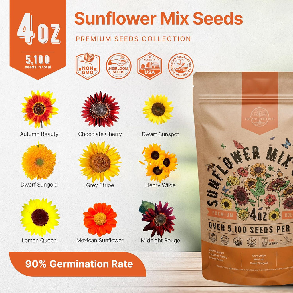 Sunflower Mix Seeds Pack 4 oz - Over 5,100 Non-GMO Heirloom Sunflower Seeds for Planting, Annual Flowers in Individual Seed Packet for Planting Home Garden Indoor & Outdoor Gardening