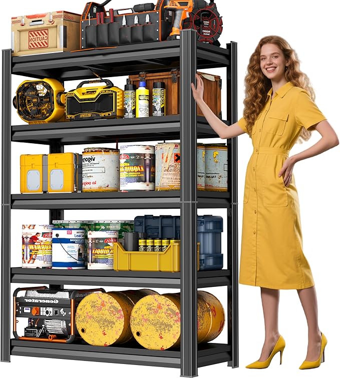 5-Tier Heavy Duty Garage Shelving Unit – 3000 lbs Adjustable Metal Storage Rack, Tool-Free Assembly, Rustproof Steel Organizer for Basement, Pantry, Warehouse, 63" H x35.43 W x 15.8" D
