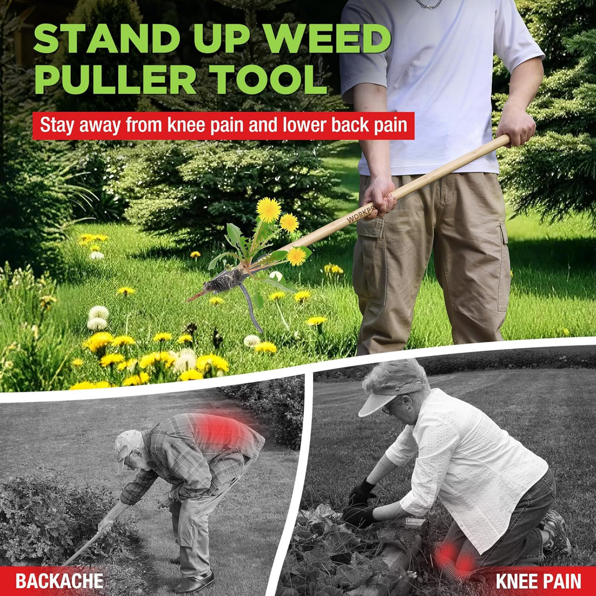 WORKPRO Weed Puller Tool with 44” Bamboo Handle, Heavy-Duty 4-Claw Cast Iron Head, Stand-Up Weeder with Foot Pedal for Dandelions, Thistles, Crabgrass, Easy Root Removal Without Bending or Kneeling