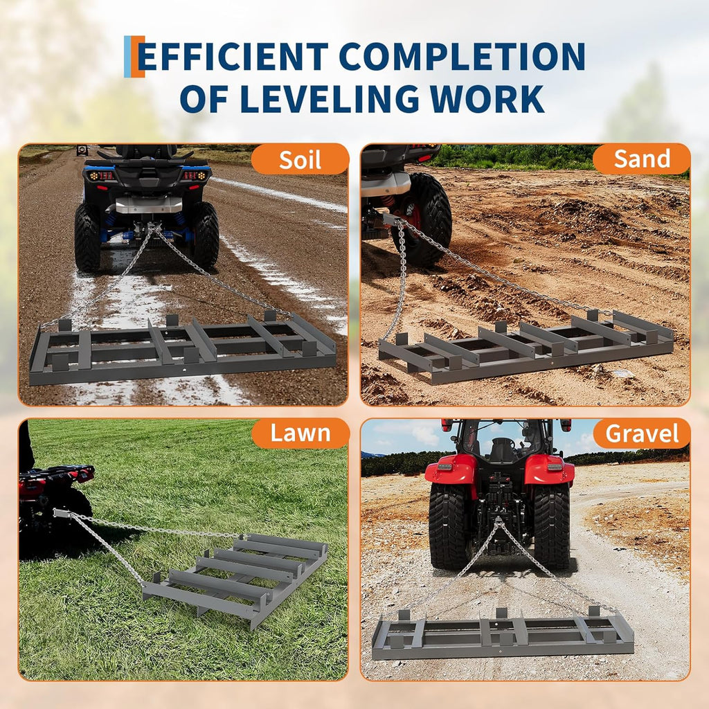 8FT Drag Harrow for ATV, Tractor & UTV, Heavy Duty Tow Behind Driveway Grader with 6FT Chain Link - Landscape Rake for Gravel, Sand, Soil & Hay - Lawn Leveling Tool for Field Yard & Pasture