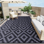 OLANLY Waterproof Outdoor Rug 10x14 ft, Outdoor Plastic Straw Rug for Camping, RV Mat Outside, Indoor Outdoor Carpet for Porch, Deck, Backyard, Balcony, Picnic, Black & Grey