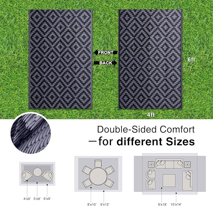 OLANLY Waterproof Outdoor Rug 4x6 ft, Outdoor Plastic Straw Rug for Camping, RV Mat Outside, Indoor Outdoor Carpet for Porch, Deck, Backyard, Balcony, Picnic, Black & Grey