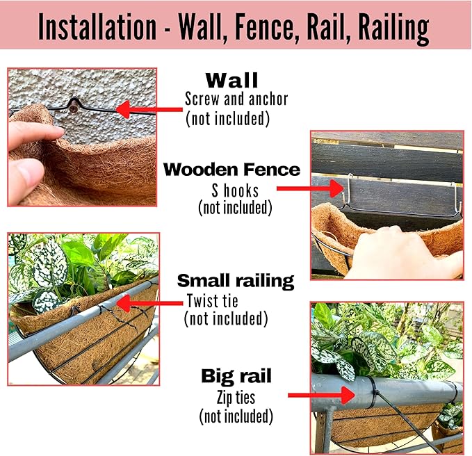 LaLaGreen Wall Planter Outdoor, 4 Pack, 14 Inch Large Wall Hanging Flower Basket with Coco Liner, Vertical Living Wall Mounted Wire Pot Outside Fence Railing Plant Pots Holder Deck Porch Balcony Patio