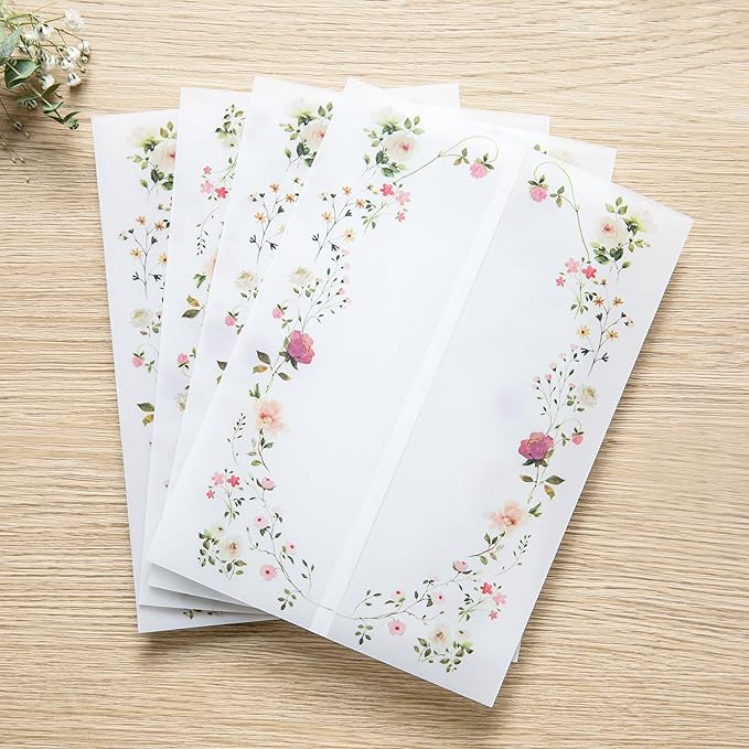 PONATIA 50PCS Vellum Jackets for 5x7 Invitation Cards- 135GSM Wild Flowers Printed Vellum Sleeves, Quinceanera Wedding Invitation Cards Wraps, Transparent Christmas Gift Cards Jackets