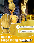 DULFINE Cowhide Leather Work Gloves for Men & Women, Reinforced Durable Gardening Gloves, Puncture & Cut Resistant