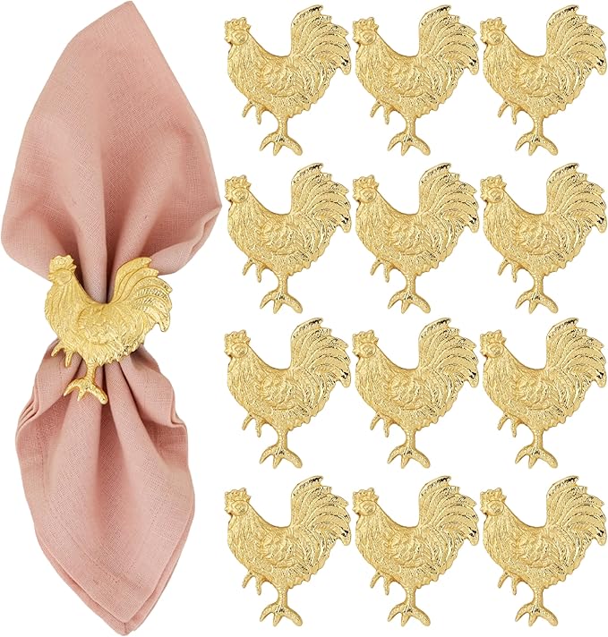 Set of 12 Rooster Napkin Rings for Farmhouse Table Decor | Premium Metal Chicken Dinnerware Holders | Rustic Kitchen & Holiday Party Table Setting (Gold) - ALPHA Living HOME