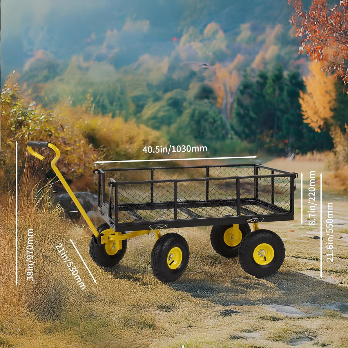 Finnhomy Heavy Duty 1000 Lbs Capacity Mesh Steel Garden Cart, Pullable Garden Wagons Carts on Wheels, Folding Utility Wagon with Removable Sides for Outdoor, Yard, Lawn, Yellow