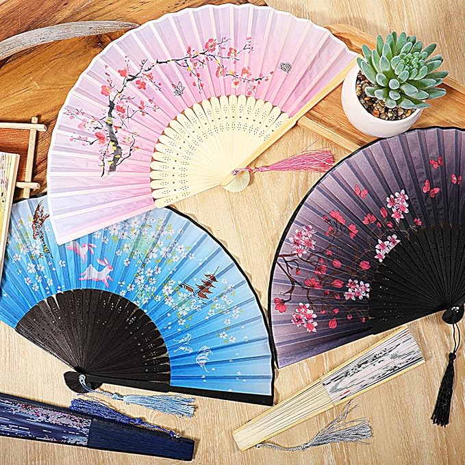 12 Pcs Fans for Line Dancing Vintage Silk Floral Folding Fan Chinese Hand Fans for Women Bulk Bamboo Handheld Fan with Tassel for Wedding Party Cosplay Supplies