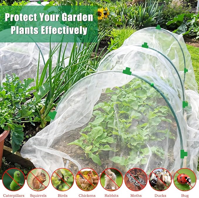 10 X 50 FT Garden Mesh Netting Kit Pest Barrier for Raised Beds, Fruit Tree Netting with 10 Sets Garden Hoops & 20 Clips for Cicadas Bird Insect, Blueberry Bush Netting Cover for Garden Protection