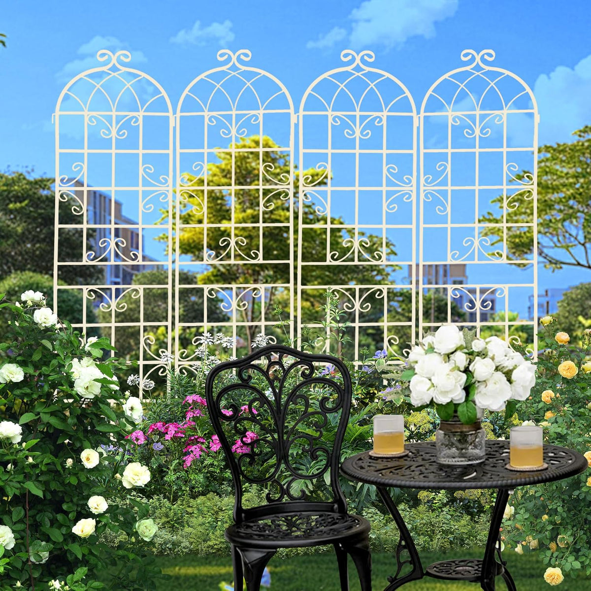 4 Pack Metal Garden Trellis for Climbing Plants Outdoor 86.7" H Cream White Garden Fence Rustproof Trellis Support Roses Flower Lawn, Off White