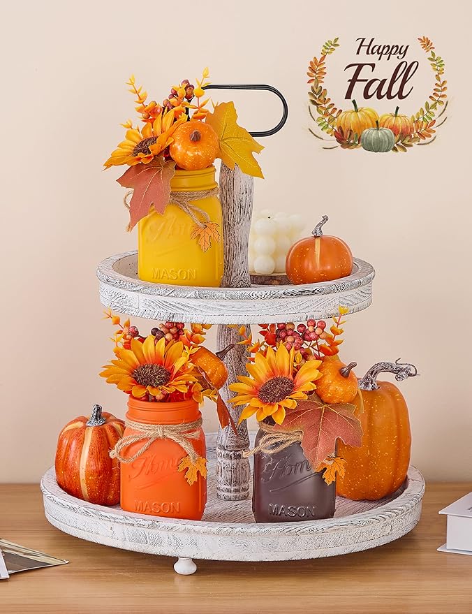 Mason Jar Fall Thanksgiving Centerpieces for Tables Fall Thanksgiving Table Decor, Flower, Wood Tray, Pumpkin Centerpieces Table Decorations for Home Indoor, 25 Pcs Autumn Kitchen Decor