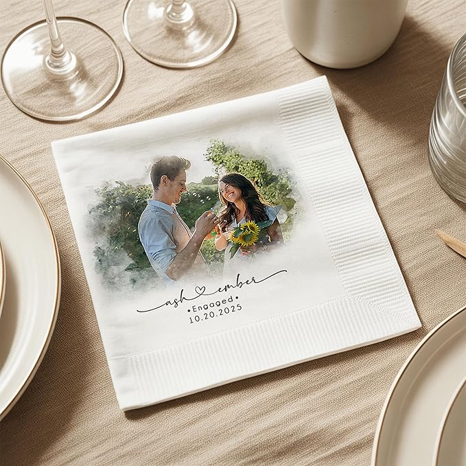 Luxury Personalized Wedding Napkins, Custom Photo Napkins with Text, Custom Engagement Cocktail Napkin, Beverage Luncheon Cocktail Paper, Napkin for Engagement Party, Bridal Shower
