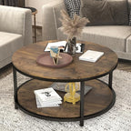 NSdirect 36 inches Round Coffee Table, Rustic Wooden Surface Top & Sturdy Metal Legs Industrial Sofa Table for Living Room Modern Design Home Furniture with Storage Open Shelf (Brown)