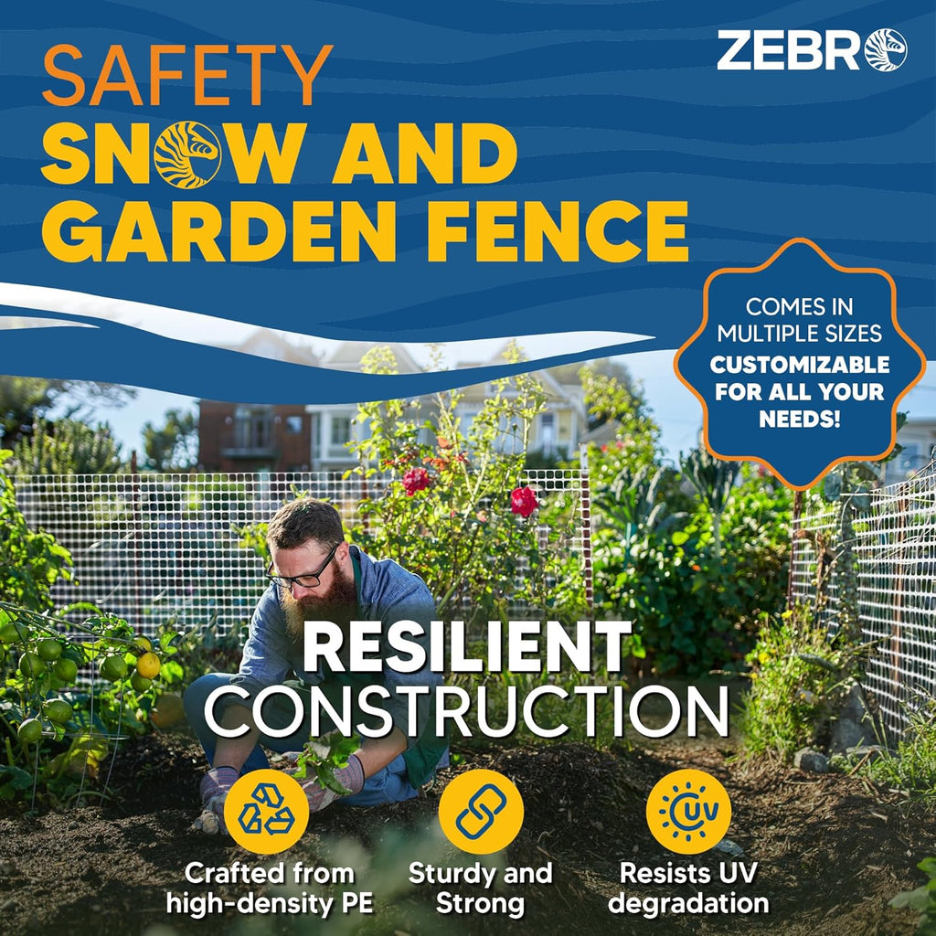 ZEBRO 4' x 100' White Plastic Garden Fence Roll – Standard Duty Safety Netting for Snow, Poultry, Deer, Dogs – Reusable Outdoor Barrier for Yard, Landscaping, Animal Protection
