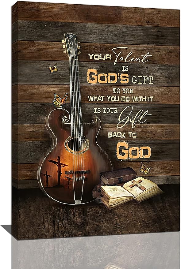banonaty Christian Guitar Wall Art Rock Music Guitar Decor Musical Pictures Artwork Inspirational Quotes Canvas Prints Room For Studio Bedroom Living Bathroom Framed 16''x24''