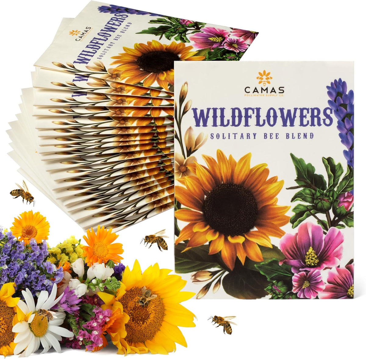 Camas- Pollinator Wildflower Seed Packets - (20) Party Favors to Attract Bees, Butterflies, and Hummingbirds to Your Plant and Flower Garden-Annual Wildflower Mix