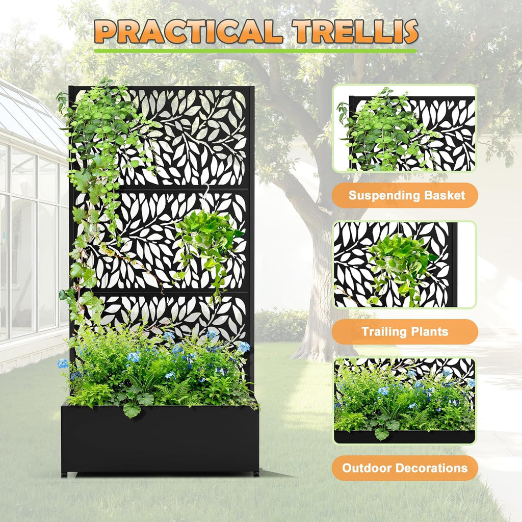 Metal Raised Garden Bed with Trellis, 2 in 1 Trellis with Planter Box & Privacy Screen for Climbing Plants, Vine, Outdoor Standing Flower Beds with Drainage Holes, 35.4"L x 15.7"W x 70.10"H,(Black)