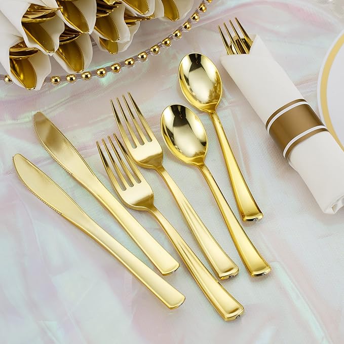 50 Pack Pre Rolled Gold Plastic Silverware Set with Napkins,Disposable Wrapped Heavy Duty Cutlery Set for Wedding Birthday Party-50 Forks,Knives,Spoons,Napkins,Utensils Set,Plasticware Bulk