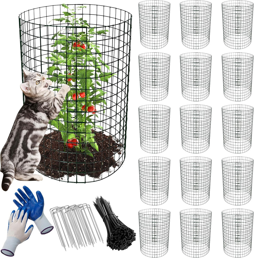 16 Pack Plant Protectors from Animals, 16"x 12" Wire Plant Protector, Wire Cages for Plants with Stakes and Cable Ties, Metal Plant Cages for Plants, Vegetables, Flowers