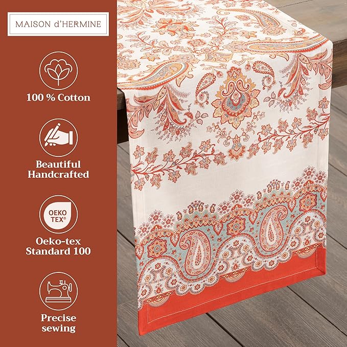 Maison d' Hermine Table Runner 100% Cotton Single Layer Table Runners 72 inches Long for Thanksgiving Christmas Decorations Home Kitchen Dining Party Wedding (Cachemire, 14.5" x 72")