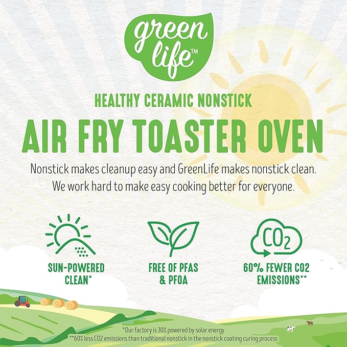 GreenLife Countertop Toaster Oven Air Fryer Stainless Steel, Healthy Ceramic Nonstick, PFAS and PFOA-Free, Tray & Basket, Bake, Broil, Reheat, Adjustable Temp & Time Control, Auto Shutoff, Turquoise