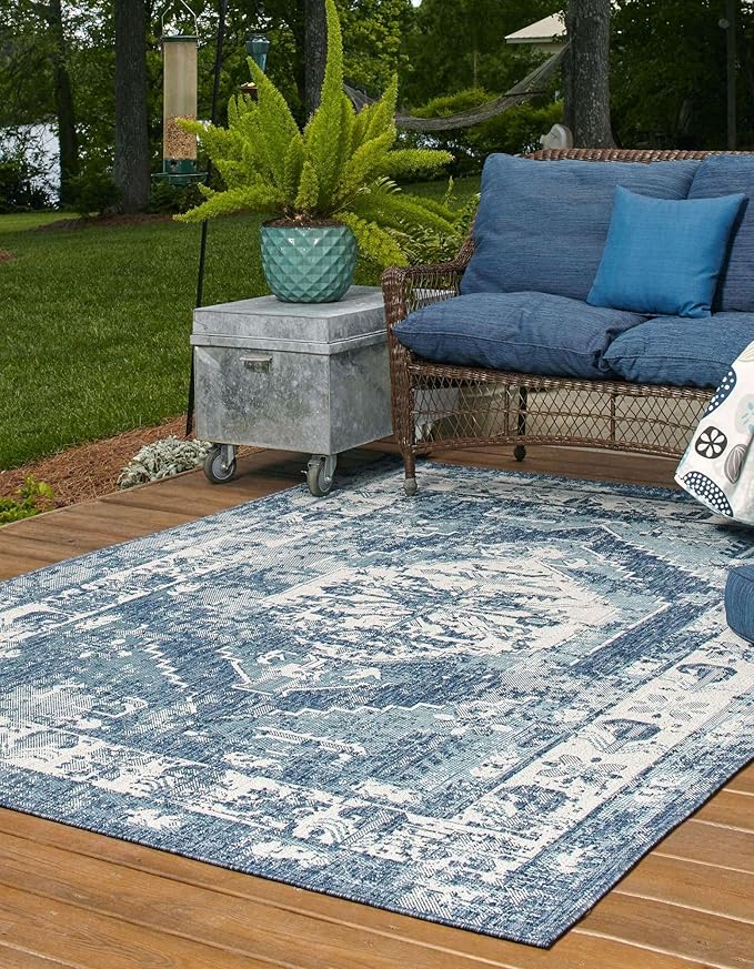 Unique Loom Outdoor Traditional Collection Area Rug - Valeria (10' x 13' 1" Rectangle, Blue/ Ivory)
