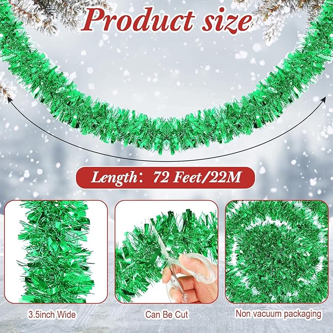 72 Feet Christmas Tinsel Garland Shiny Metallic Tinsel Twist Garland Streamers Ornaments Long Glitter Christmas Tree Hanging Decorations for Party Holiday Wedding Birthday Tree Wall Rail (Green)